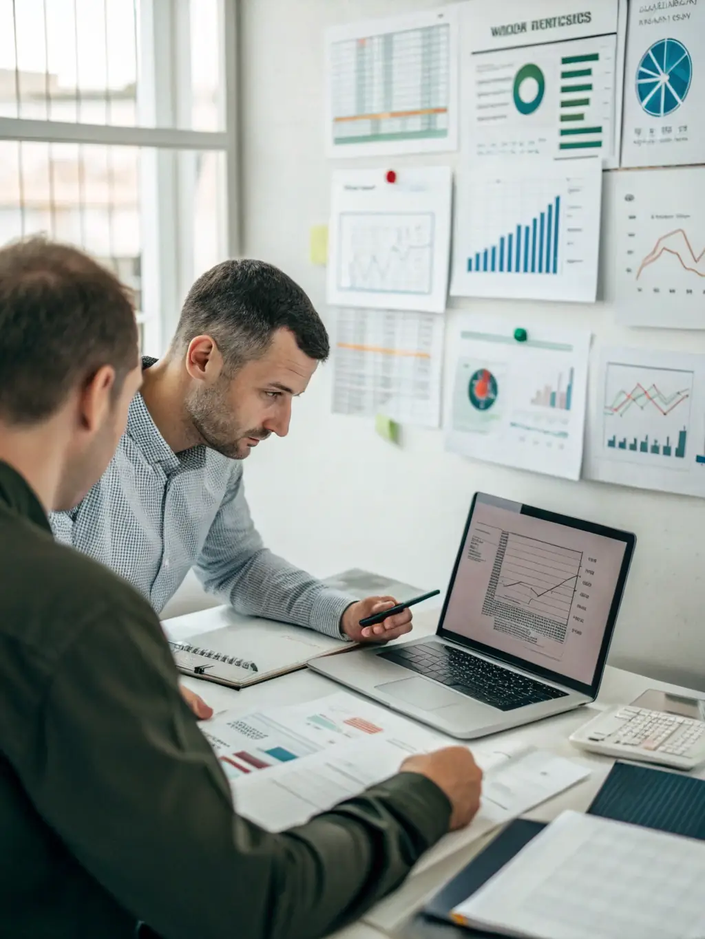 A detailed image of a construction estimator analyzing digital plans on a computer screen, surrounded by cost analysis charts and project documents.
