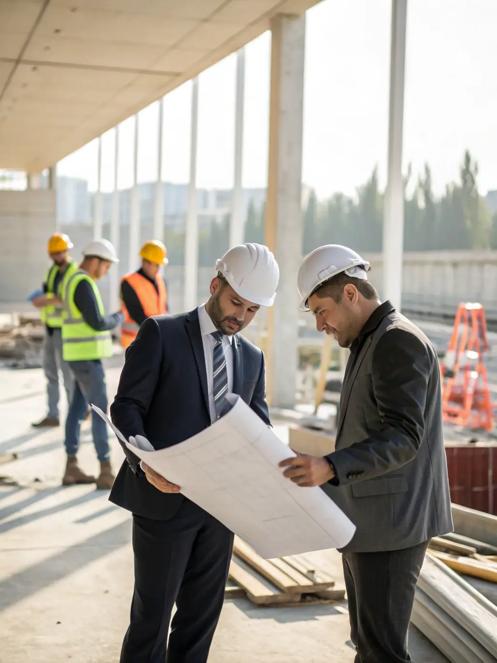 A construction consultant in a hard hat reviews blueprints with a project manager on a busy construction site, focusing on the collaborative aspect of construction consulting.